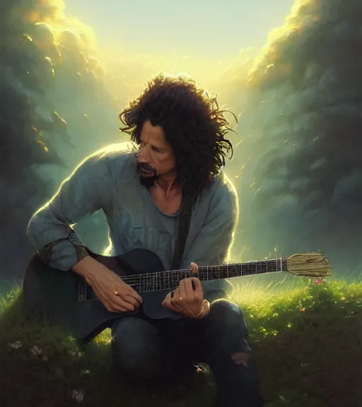 Image similar to highly detailed portrait of chris cornell playing a guitar, sitting in the clouds of heaven, stephen bliss, unreal engine, fantasy art by greg rutkowski, loish, rhads, ferdinand knab, makoto shinkai and lois van baarle, ilya kuvshinov, rossdraws, tom bagshaw, global illumination, radiant light, detailed and intricate environment