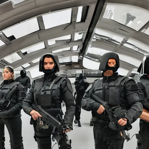 Image similar to a squad of futuristic security in an armory