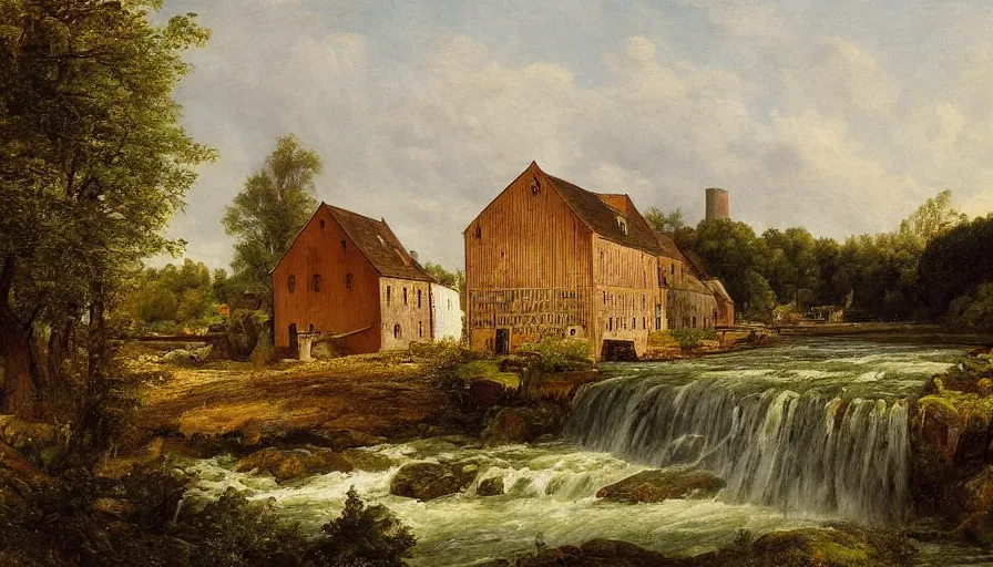 Image similar to a beautiful view of a mill next to a strem, by hermann ottomar herzog