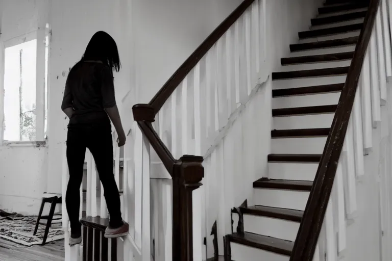 Prompt: a girl standing at the top of stairs in a house, looking at the ghost of a man at the bottom