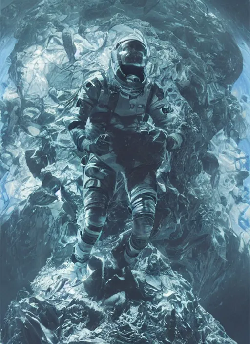 Prompt: astronauts in the dark infinite underwater void - complex and hyperdetailed technical suit, fabric material. reflection and dispersion materials. rays and dispersion of light. volumetric light. wide angle, f / 3 2. noise film photo. flash photography. ultra realistic, wide angle. poster by wayne barlowe, hajime sorayama aaron horkey, craig mullins