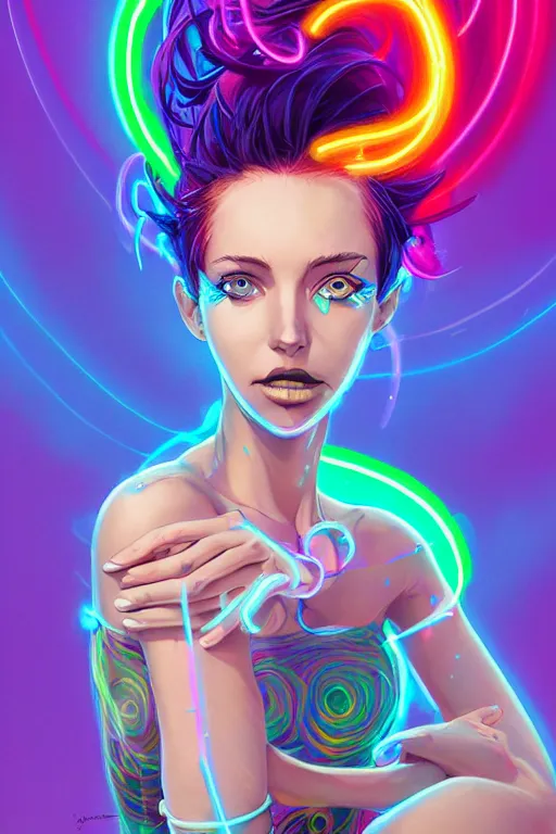 Image similar to a award winning portrait of a beautiful woman with stunning eyes in a one off shoulder croptop and cargo pants with rainbow colored hair, outlined by whirling illuminated neon lines and fine lines swirling in circles by jesper ejsing and rhads and makoto and shinkai and lois van baarle, digital art, trending on artstation