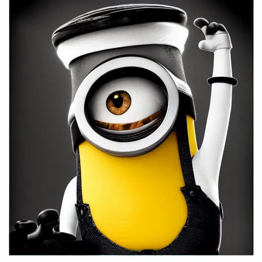 Image similar to black & white epic!!! photograph of a minion from “ despicable me ” in the gym, motivational poster, highly detailed, cinematic lighting, photo, award - winning photograph, professional photograph, dramatic posing, 8 k quality, dramatic rim lighting, high quality