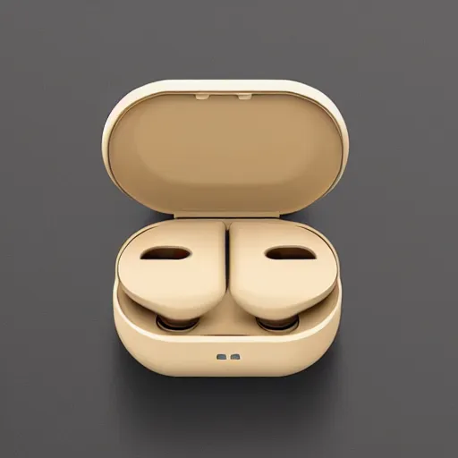 Prompt: a single beige truly wireless earbud with gold accents, beige case, studio, product photo