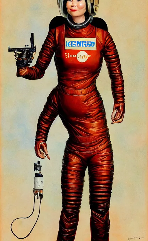 Prompt: upper body portrait of bjork holding a retro ray gun and wearing a huge leather spacesuit on Mars by norman rockwell and mandy jurgens and john singer sargent