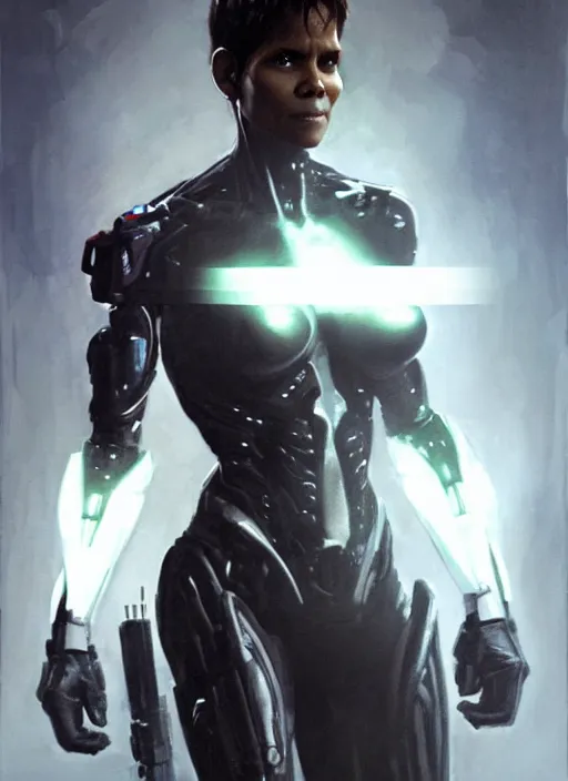 Image similar to halle berry as victor stone, full body concept, cyborg, borg, strogg, face of a man, terminator, flesh, quake strogg, doom demon, wolfenstein, monstrous, powerful, symmetry, symmetrical, concept art by ruan jia and greg rutkowski