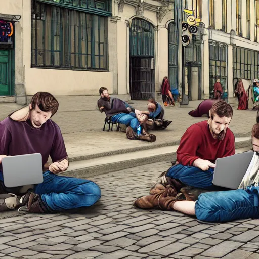 Image similar to a group of realistic bums using laptops near on street, highly detailed, intricate, sharp focus, digital art, 8 k