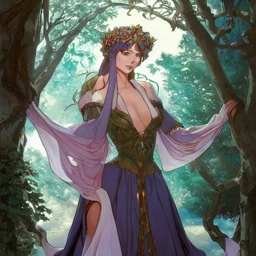 Image similar to anime key visual of amora the enchantress wearing a medieval gown!! intricate, magical forest, stunning, highly detailed, digital painting, artstation, smooth, hard focus, illustration, art by artgerm and greg rutkowski and alphonse mucha