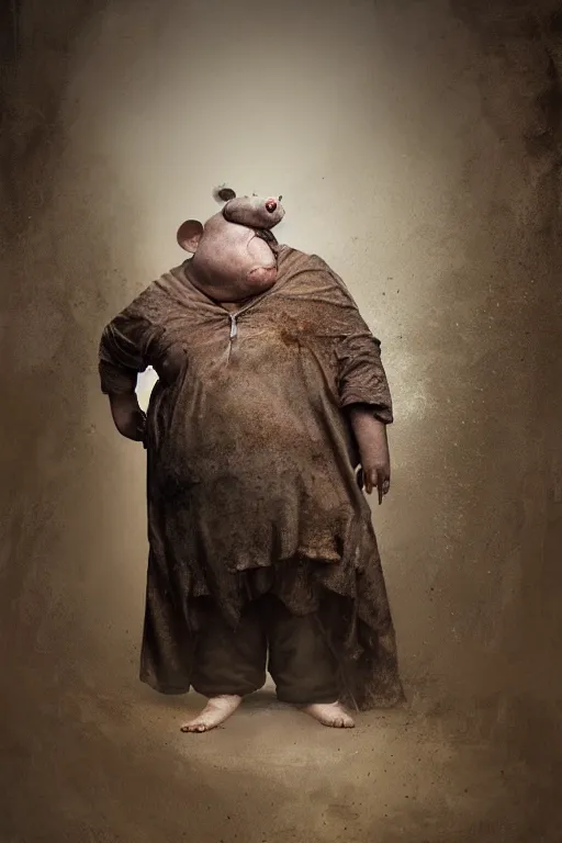 Image similar to a obese gray sniveling rat person wearing a decaying brown cloak, color painting by michal karcz