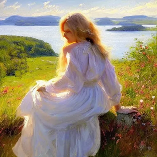 Image similar to blonde woman watching over the swedish countryside, archipelago, masterpiece, highly detailed, beautiful, atmospheric, impressionism, painting by Vladimir Volegov