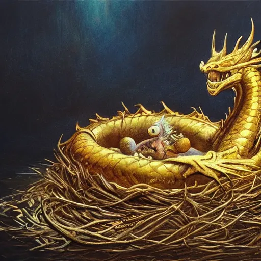 Prompt: long shot of a dragon nesting in a golden metal nest, by esao andrews, by m. w. kaluta, harmonic composition, volumetric light, fresh colors, ultra humorous oil painting, realistic reflections, floral background, smooth, concept art, depth perception, high depth of field, 4 k, unreal engine 5, ultradetailed, hyperrealistic, trending on artstation