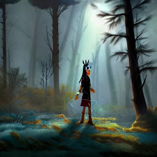 Image similar to medium shot native american, in a dark forest, mysterious, backlit, still from a pixar dreamworks movie, trending on artstation