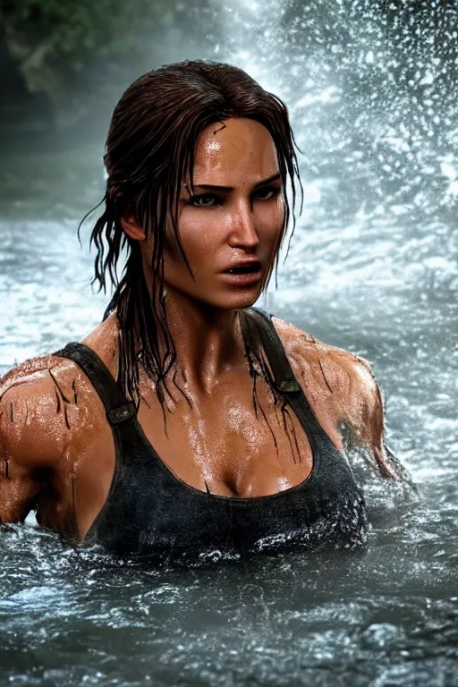 Image similar to a film still of lara croft, close up face detail, muscular, wet body, photography, wet dripping hair, emerging from the water