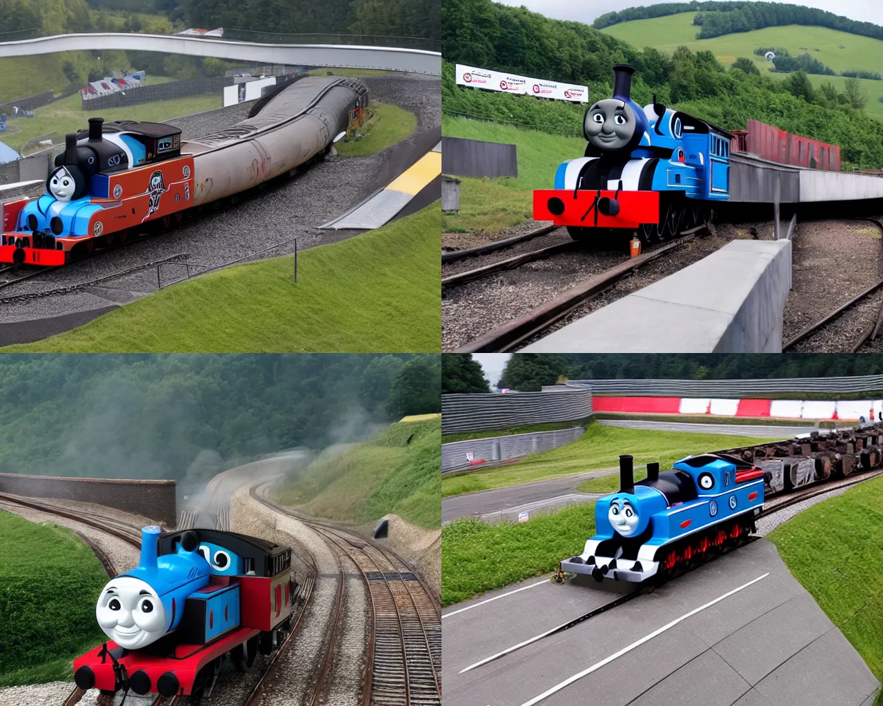 Prompt: Thomas the Tank Engine, as a sports car, at the Nurburgring Nordschleife setting a hot lap, not train tracks