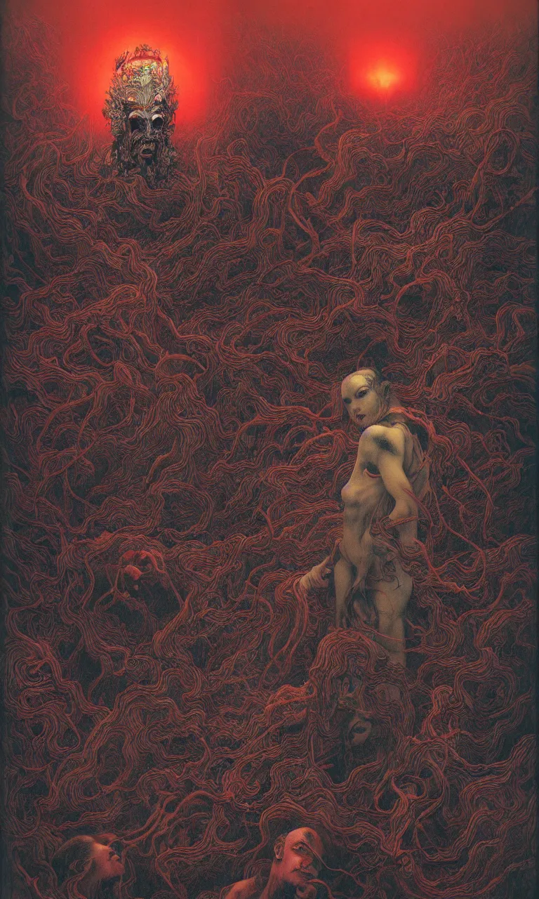 Image similar to zhongyuan festival, chinese ghost festival, king of hell, inside page of comic book, psychedelic lights and fog, in the style of zdzislaw beksinski, ayami kojima, takato yamamoto, barclay shaw, karol bak, glowing light and shadow, hyperrealist