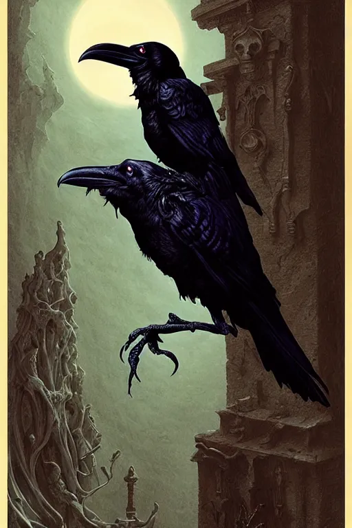 Image similar to raven perched on a bust of beautiful woman in a dark gothic room gothic, full frame, by wayne barlowe, peter mohrbacher, kelly mckernan, james o barr, 8 k, dark fantasy