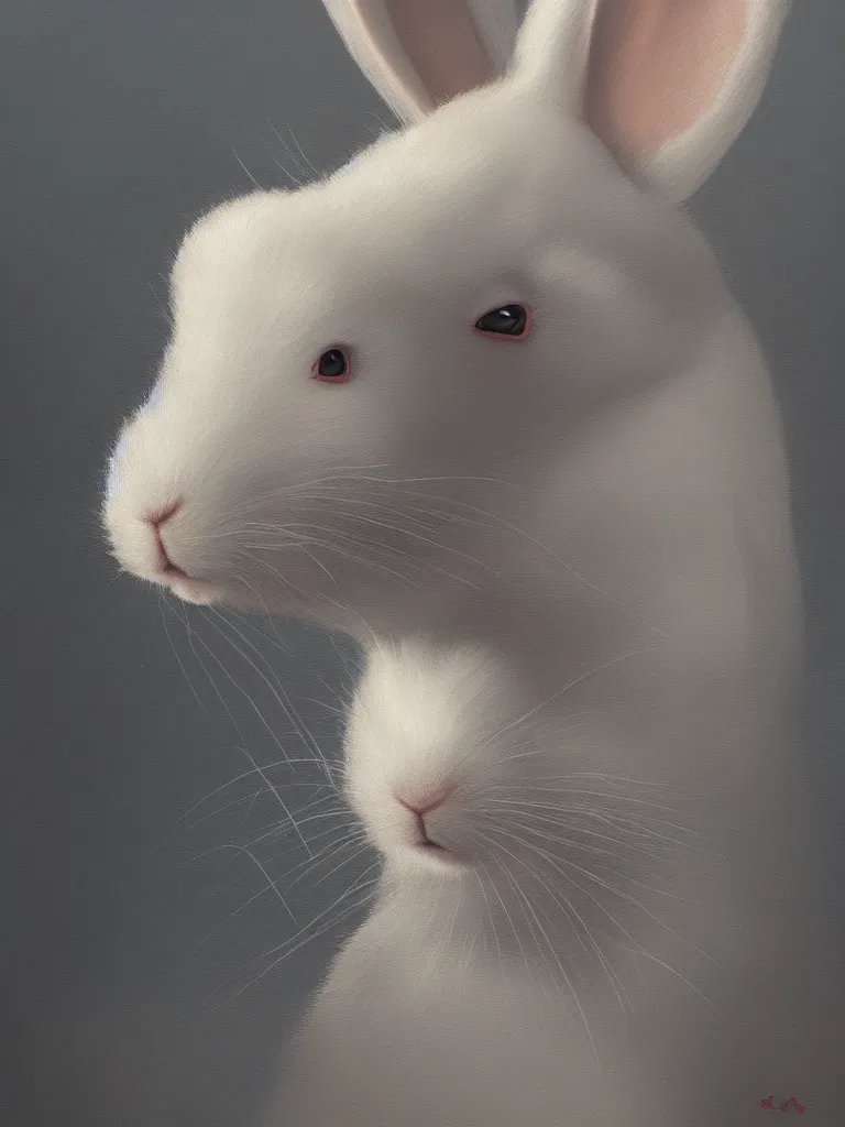 Image similar to a portrait of a white rabbit in a painting from stalenhag, 4 k, 8 k, hdr, artstation, concept art