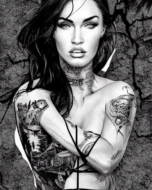 Image similar to megan fox face mash up with beautiful mountains, in the style of dan mountford, tattoo sketch, double exposure, hyper realistic, amazing detail, black and white