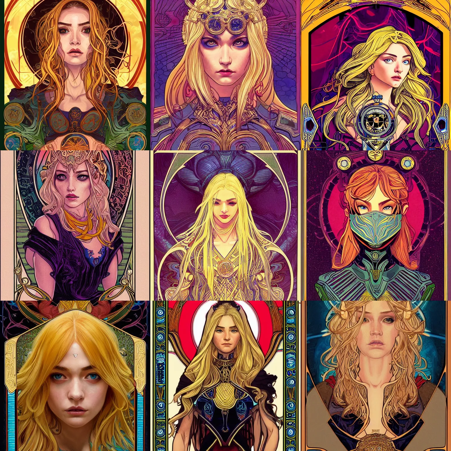 Prompt: masterpiece head-on symmetrical centered painted portrait, Imogen Poots as Elden Ring paladin, blonde hair, elegant, in the style of Moebius and Mohrbacher and ROSSDRAWS and Ross Tran and Alphonse Mucha and Ayami Kojima, Pixar, tarot card style, Art Nouveau, rich bright colours