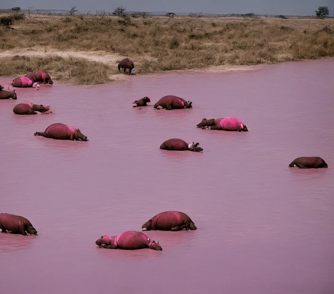 Image similar to a 3 5 mm photography, kodachrome colour of 3 0 hippos running in a pink lake, taken by martin parr