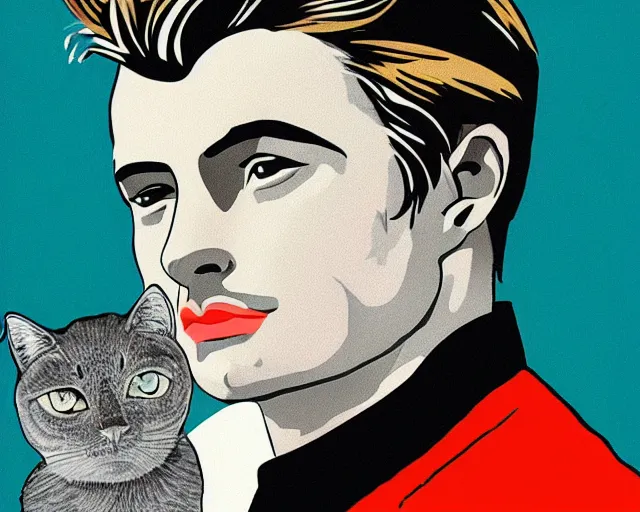 Image similar to A grey short haired cat with black stripes, Illustrated by James Dean