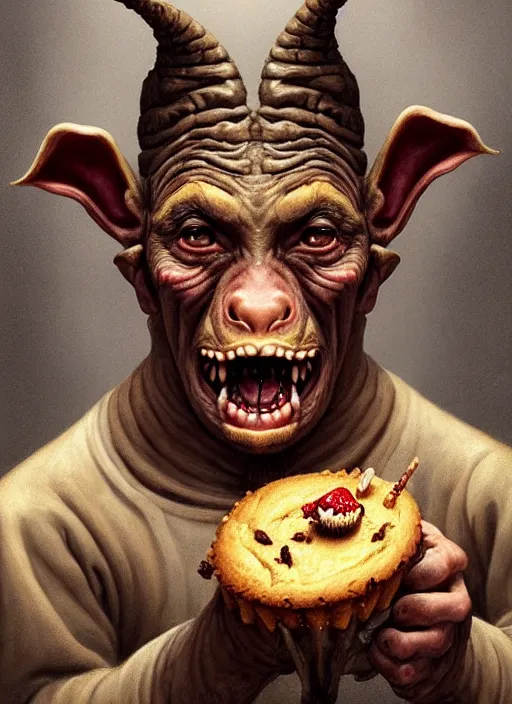 Image similar to portrait of a medieval goblin eating cakes, beautiful face, hyper realistic, highly detailed, digital painting, artstation, illustration, concept art by hyung tae and frank frazetta, digital paint, matte paint, washed colors, dark, gloomy