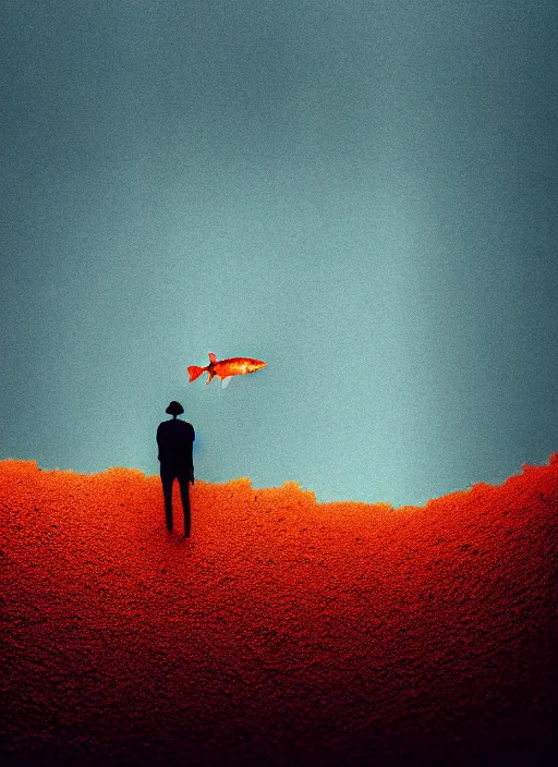 Image similar to burning overgrowth + a lone man + fish flying in the sky + habitat 67, Mads Berg, Karolis Strautniekas, film noir, stippled light, dramatic lighting,editorial illustration, detailed,fine texture, matte print, dark blue + dark orange, red, black