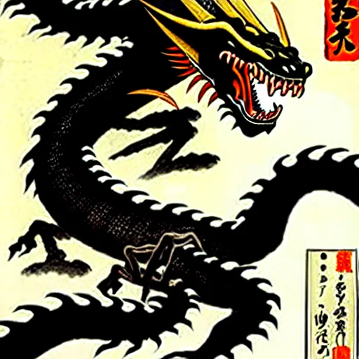 Image similar to biomechanical ukiyo - e lithograph of black dragon by utagawa kuniyoshi, very detailed, hyperrealistic