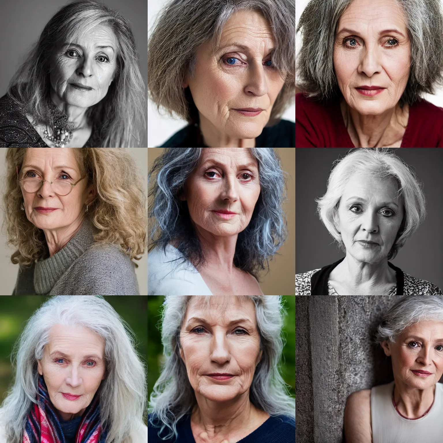 Prompt: a portrait photograph of wise, beautiful, ageless, 6 5 year old english female actress, long greying hair, portrait, canon 8 5 mm f 1. 2 photograph