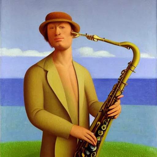 Image similar to a man playing saxophone on the beech by Raphael, Hopper, and Rene Magritte. detailed, romantic, enchanting, trending on artstation.