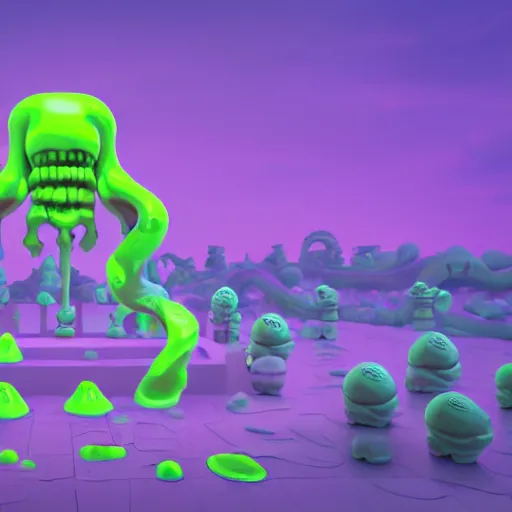 Image similar to slime lord king of the slime universe, skeleton, full body included, wide shot, 1 4 mm lens, f 2. 8, goopy, goop, fluids, soft tissue, subsurface scattering, reflections, ambient occlusion, raytracing, unreal engine 5, pixel art 8 - bit, by beeple