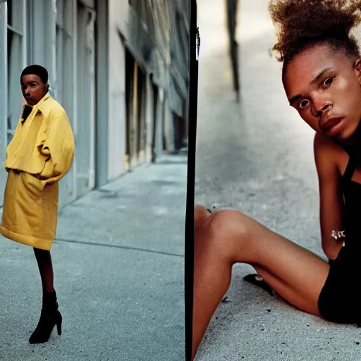 Image similar to realistic photoshooting for a new ssense!!! lookbook, color film photography, photo of a woman, photo in style of tyler mitchell, 3 5 mm, featured on vogue