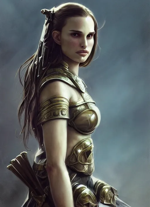 Image similar to young natalie portman, legendary warrior, warframe, lord of the rings, tattoos, decorative ornaments, battle armor, carl spitzweg, ismail inceoglu, vdragan bibin, hans thoma, greg rutkowski, alexandros pyromallis, cute, perfect face, detailed, sharply focused, centered, rule of thirds, photorealistic shading