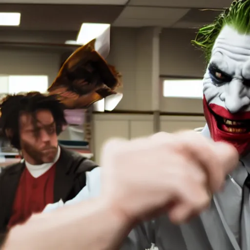 Prompt: cinematic shot of the joker fist-fighting a college professor in a classroom, 8k, dslr, epic,