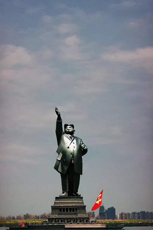 Prompt: a gigantic statue of kim jong un standing on the united states liberty island, symmetry, awesome exposition, very detailed, highly accurate, 8 k