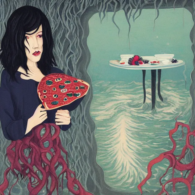 Image similar to tall female emo artist holding berry pancakes in her flooded apartment, pomegranates, octopus, water gushing from ceiling, painting of flood waters inside an artist's apartment, a river flooding indoors, mushrooms, ikebana, zen, rapids, waterfall, black swans, canoe, berries, acrylic on canvas, surrealist, by magritte and monet