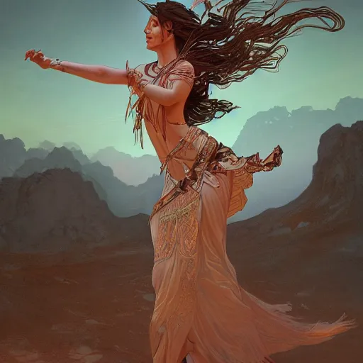 Image similar to a goddess dancing in the desert, glowing eyes, fantasy, intricate, realism, highly detailed, digital painting, artstation, concept art, smooth and sharp focus, illustration, art by tan zi and ayanamikodon and alphonse mucha and wlop