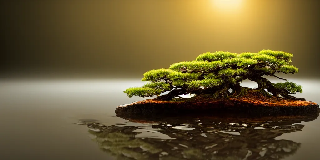 photo bonsai cedar on a amber in the water, gold hour, | Stable Diffusion