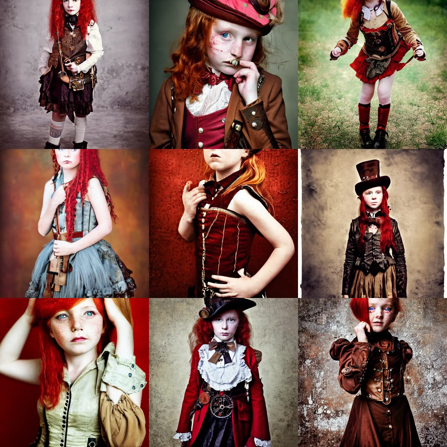 Prompt: photo of a ten year old girl in steampunk fashion taken by annie leibovitz, steampunk, red hair, freckles