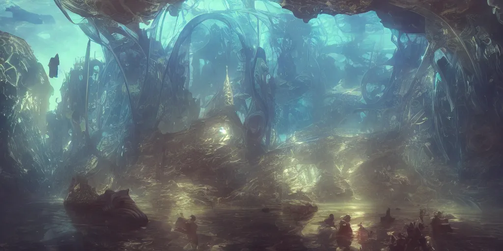 Prompt: an underwater landscape in the abyss, futuristic cathedral underwater, photorealistic, people, fishes, light rays from above the surface, realistic paint, specular light, high contrast, highly detailed, 4k, shallow depth of field, cinematic light, concept art, artstation, art by Enrich Victor, Alphonse Mucha