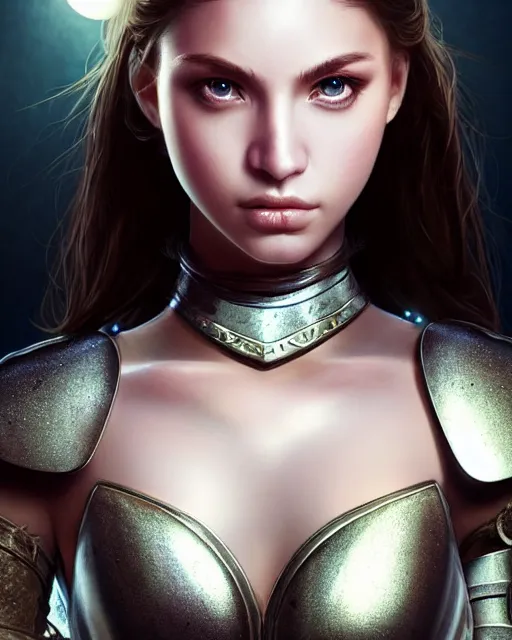 Image similar to a beautiful warrior woman in a bowling alley, photo, ultra detail, photoreal, professionally retouched, soft moonlight lighting, shiny plastic armor, realistic, smooth face, goddess, luscious lips, perfect eyes, wide angle, sharp focus on eyes, 8 k high definition, insanely detailed, intricate, elegant, art by artgerm and wlop