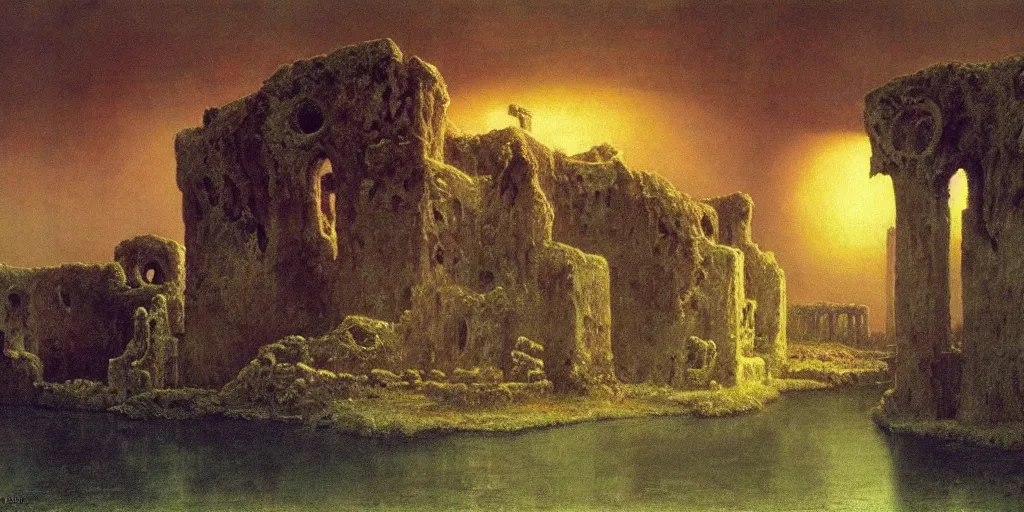 Image similar to Isle of the dead by Arnold Böcklin painted by Zdzisław Beksiński, global illumination, radiant light, detailed and intricate environment