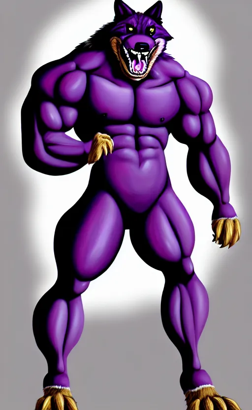 Image similar to painting of an anthropomorphic bulky muscular purple wolf, furry style, wearing jeans, deviant art, fursona, professional furry drawing, insanely detailed, bulky wolf - like face with dragon features, doing a pose from jojo's bizarre adventure, detailed veiny muscles, exaggerated features, beautiful shading, huge white teeth, grinning, colorful background