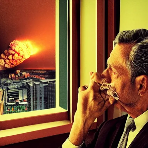 Prompt: Mr. House, high detail of the face, looks at the nuclear explosion from the window of the Lucky 38 Casino and smokes a cigar; ultra HD, realistic, retro, 45mm, elegant,