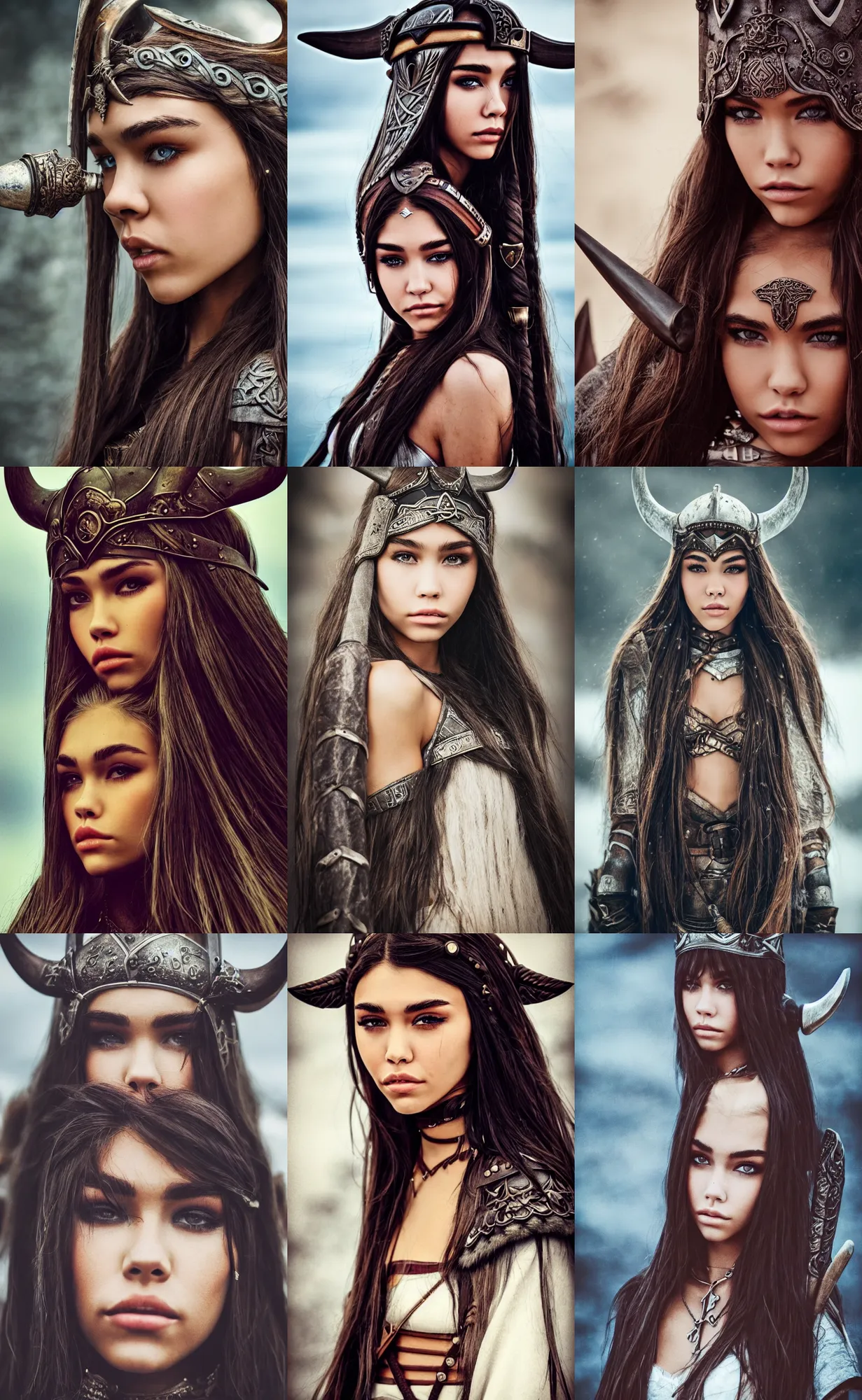 Prompt: low - agnle dslr photo madison beer as a viking by wlop style realism intricate details