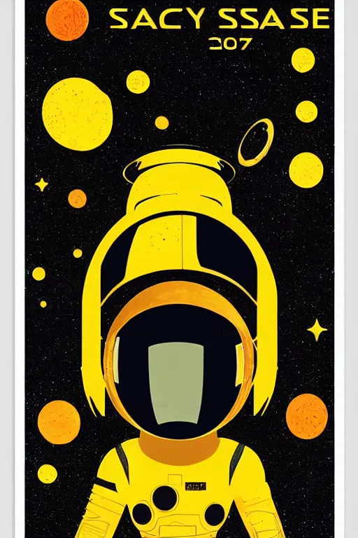 Prompt: poster art, movie poster, retrofuturism, sci - fi, textured, paper texture, 2 0 0 1 : a space odyssey by edward valigursky, saul bass and paul rand, yellow space suit, space station, outer space