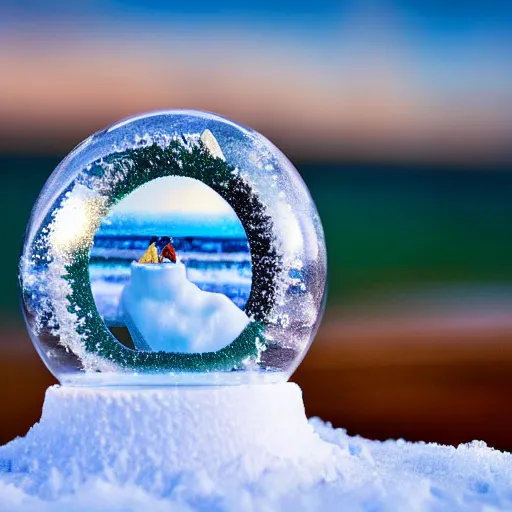 Prompt: snow globe with a beach trapped inside, depth of field, award winning photo