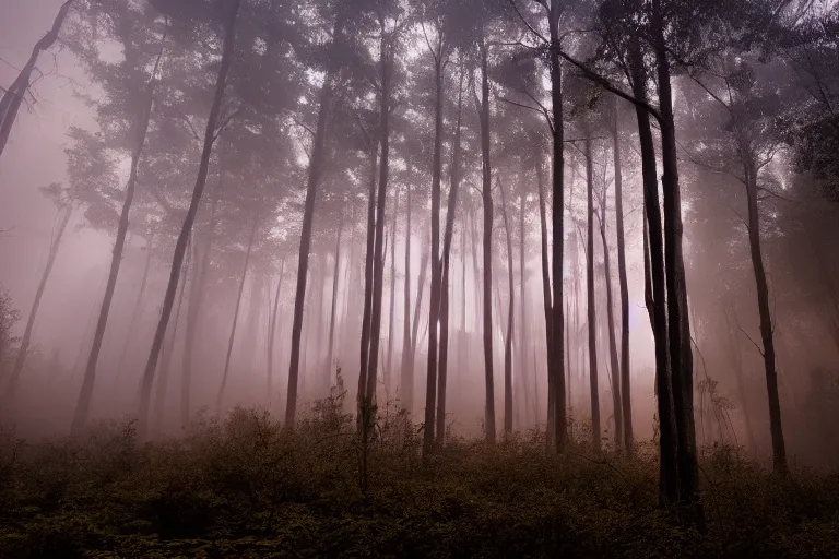 Prompt: An ultrawide cinematic shot of a forest at night with fog and lightning.