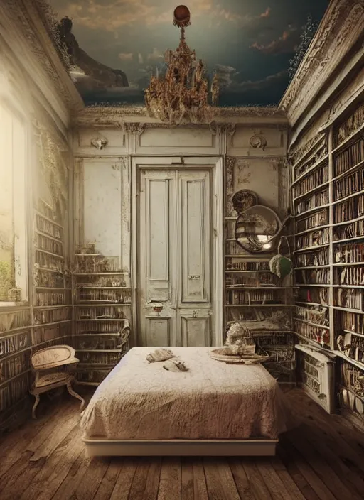 Image similar to cinematic matte painting digital art of architecture design, 4 k, hyperrealistic, composition by wes anderson, fisheye lens, pov perspective of maximalist botanical old shabby chic bedroom filled with posters and shelves and nic nacs by enjolras delphin, ethereal soft and fuzzy glow, by cicely mary barker
