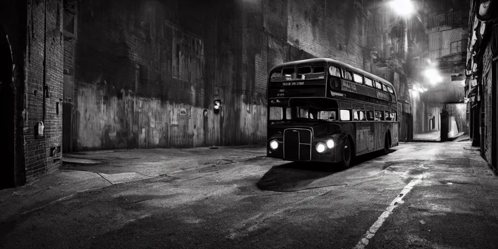 Image similar to a widescreen photo of a old rusty double - decker bus in a dark alley, low light, by steve mccurry